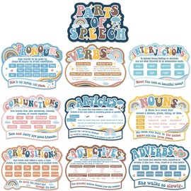 QOUBAI 10Pcs Boho Parts of Speech Posters for Classroom Decorations Rainbow English Grammar Chart Language Arts Bulletin Board Decor for Teachers Elementary Middle School Home Educational Supplies