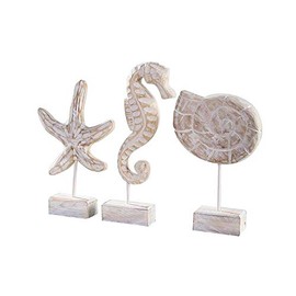 Primst 3pcs Mediterranean Style Wooden Resin Crafts Seahorse Conch Shells Starfish Ornaments,Desktop Figurines Beach Style Decor for Living Room,Office,Home Decor (3PCS,Wood color)