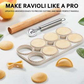 MUMSUNG Ravioli Maker Press, Ravioli Press Mold Set - Round Ravioli Stamp Maker Cutter with Wood Rolling Pin, 2.6" Empanada Maker Press Kit and Ravioli Wheel, Makes 8 Ravioli