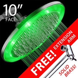 HotelSpa Giant 10" Rainfall Color-Changing LED Shower Head and FREE 11 Inch Solid Brass Height/Angle Adjustable Extension Arm