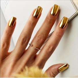Mirror Metal Gold Press on Nails Medium Short Square Chrome Glazed Short Gel Nails Press ons Shiny Plating Nails Acrylic Nails Reusable Thick Fake Nails for Women Glue on Nails Medium Length