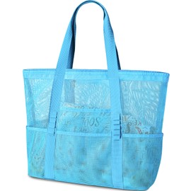 benpen Beach Bags for Women, Large Mesh Pool Tote Bag with Zip Waterproof Pocket, Summer Holiday Essentials Family Travel Bag, Reusable Shopping Grocery Shoulder Bag for Picnic Gym School (Blue)