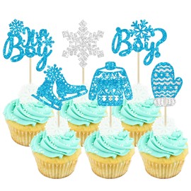 24 piezas de copo de nieve It's a Boy - Guantes de purpurina para cupcakes de invierno congelado, púas de magdalenas para niños, cumpleaños, baby shower, decoración de pasteles, suministros de fiesta, color azul