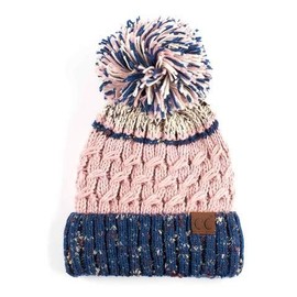 C.C Thick Cable Knit Faux Tri Color Confetti Pom Fleece Lined Skull Cap Cuff Beaniem Fleece Lined Skull Cap Cuff Beanie (Rose)