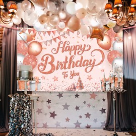KatchOn, XtraLarge Rose Gold Happy Birthday Banner - 72x44 Inch | Happy Birthday Decorations for Women | Rose Gold Happy Birthday Backdrop for Girls | Happy Birthday Sign | Pink Birthday Decorations