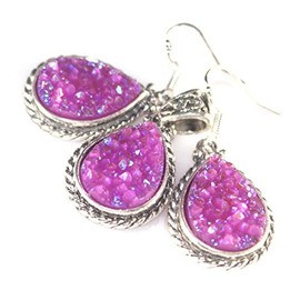 SILVER Vintage Style Pink Red Rainbow Titanium Druzy Teardrop Pendant & Earrings Jewelry Set