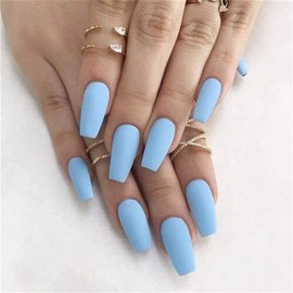 Cimenexe Blue Press on Coffin Nails Square Artificial Fingernails Coffin Nail Tips Medium Fingernails Full Cover Acrylic Nail Matte Fake Nails for Women and Girls 24 Pieces