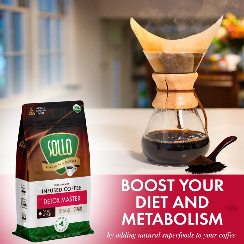 Sollo Detox Infused Ground Coffee Blend, Healthy Body Support, Dark