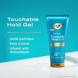OGX, Touchable Hold, Gel Fijador, Fijación Media, Antioxidantes, Controla el Frizz, No Deja Residuos, Protección 24Hrs
