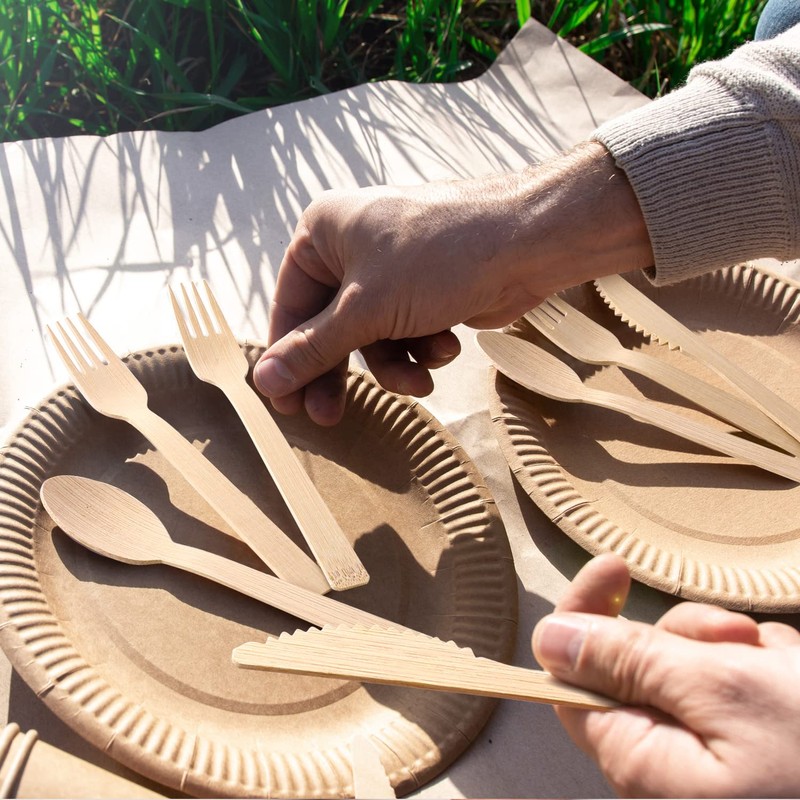 100pcs Bamboo Utensils 50 Forks 25Spoons 25Knives Disposable