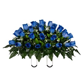Sympathy Silks 30" Headstone Flower Saddle Artificial Cemetery Flowers - Gravesite Flowers - Yellow Roses