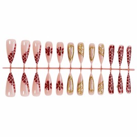 MISUD Fall Press on Nails Long Stiletto Fake Nails Glossy Glue on Nails Brown Flower Cheetah Acrylic Nails Almond Artificial Nails 3D Gold Chrome Stick on False Nails with Design 24pcs