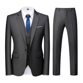 Mens Suits Regular Fit 3 Piece Tuxedo Blazer Jacket Vest Pants Formal Suit Set for Men Wedding Prom Casual Deep Grey