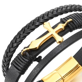 COOLSTEELANDBEYOND Mens Women Steel Horizontal Sideway Lateral Flat Gold Cross Three-Strand Black Leather Bracelet