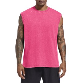 Wrenpies Mens Cotton Workout Gym Tank Top Sleeveless Cut Off Muscle Shirts Acid Wash Tshirts Running Beach Loose Fit Tees (Pink,2XL)