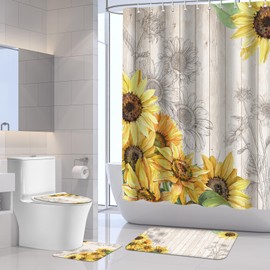 Aprophic Bathroom Sets with Shower Curtain and Rugs -Flower Sunflower 4-Piece Shower Curtain Sets with Rugs, Memory Foam Toilet Lid Cover, and Non-Slip U-Shape Bath Mat 72x72 in