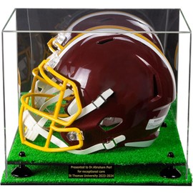 Better Display Cases Clear Acrylic Full-Size Football Helmet Display Case with Custom Name Plate, Mirror Case, Black Risers and Turf Base (A002/V44)