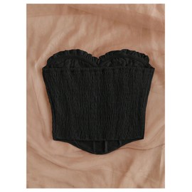 WDIRARA Women's Textured Asymmetrical Crop Tube Top Strapless Bustier Tops Ruched Smocked Bandeau Black Large