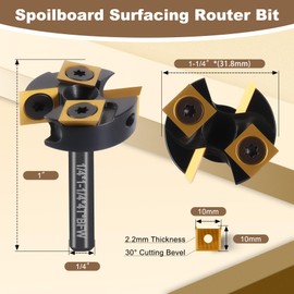 BFVV 2+2 Flute Slab Flattening CNC Router Bit 1/4" Shank, 1-1/4" Cutting Diameter, Carbide Insert Spoilboard Surfacing Bit with ATS Coating, cuts Soft & Hardwood, MDF, Acrylic for Woodworking