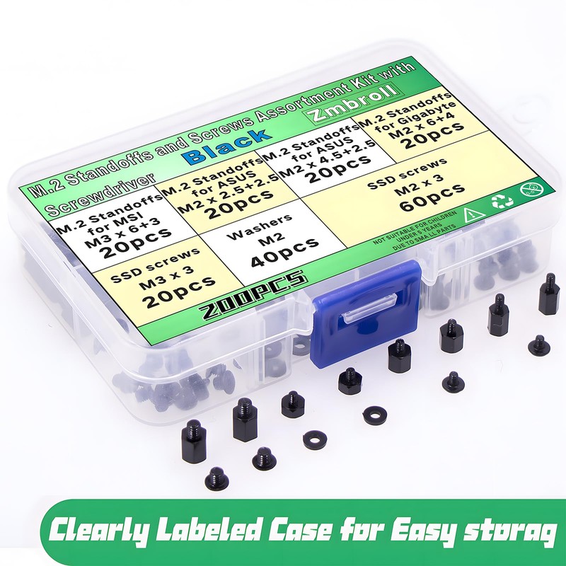 Zmbroll 200Pcs M.2 Screw Kit,Black M2 SSD Mounting Screws,NVMe Screw
