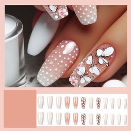 Long Fake Nails Coffin Press On Nails Butterfly With Flower Design Spring False Nails Full Cover White Glue On Nails Artificial Acrylic Stick On Nails For Women Manicure Art 24cs