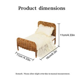 1:12 Miniature Dollhouse Bed,Fairy Tale Pastoral Style Dollhouse Bedroom Furniture, White Rattan Bed with Removable Lace Bedding and Pillow,Diy Furniture Accessories Gift for Dollhouse Lovers (Brown)