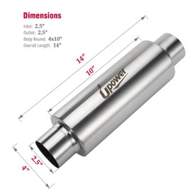 Upower 2.5" Inlet&Outlet Diesel Exhaust Muffler 4" x10" Body 14" Whole Length Universal Resonator - Straight Through Polished Stainless Steel Welded On Resonator Muffler