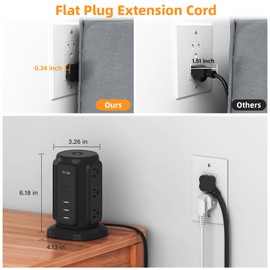 Flat Plug Power Strip Tower with 9 Outlets 5 USB Ports (2 USB C), BESFAN 6.5 FT 13A Thin Extension Cord with Multiple Outlets, 1200J Surge Protector for Home Office Supplies, Dorm Essentials