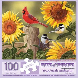 Bits and Pieces - 100 Piece Big Piece Jigsaw Puzzle for Seniors - 15" x 19" - Sunflower & Songbirds - 100 pc Cardinals Large Lettered Pieces Mental & Physical Dexterity Jigsaw by William Vanderdasson