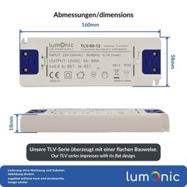Lumonic I LED Transformer TLV-60-12 I 12V 60W I Input 220-240VAC I Flicker-Free & Ultra Thin I Overload Protection I LED Power Supply I for LED Lighting & LED Strip