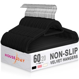 HOUSE DAY Velvet Hangers 60 Pack, Non-Slip Hangers with Tie Bar, Premium Clothes Hangers Slim Felt Hangers Standard Hangers 360° Swivel Hook for Closet Organized Storage，Elegance Black 72g/Pc