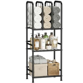 3 Tier Towel Racks for Bathroom with Dividers, Free Standing Metal Towels Holder Stand with Shelf, Towel Storage Organizer Bathroom Shelf, Metal Shelving Unit, Pool Towel Rack, Black