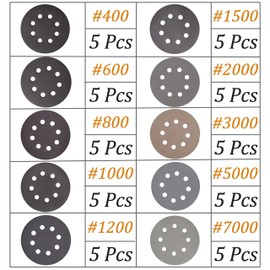 Aewio 50 Pcs 5 inch 8 Holes #400-#7000 Sanding Discs 400 600 800 1000 1200 1500 2000 3000 5000 7000 Wet Dry Sandpaper for Random Orbital Sanders (5 inch 8 Hole #400-#7000)
