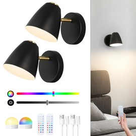 OIYIO Battery Operated Wall Sconce Set of 2, Black Rechargeable Sconces Wall Lighting with Remote, RGB 15 Colors Dimmable Wireless Wall Light, Indoor Sconce Lights for Bedroom Living Room Hallway