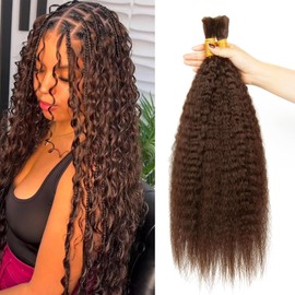 22 Inch Brown Kinky Straight Human Hair for Braiding - Wet and Wavy Bulk Hair Extension - Curly Human Braiding Hair 2 Pack/100g