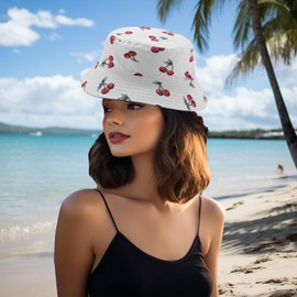 Joylife Fruit Print Bucket Hat Tropical Pattern Sun Hats Reversible Packable Fishing Cap for Women, Men, Cherry White