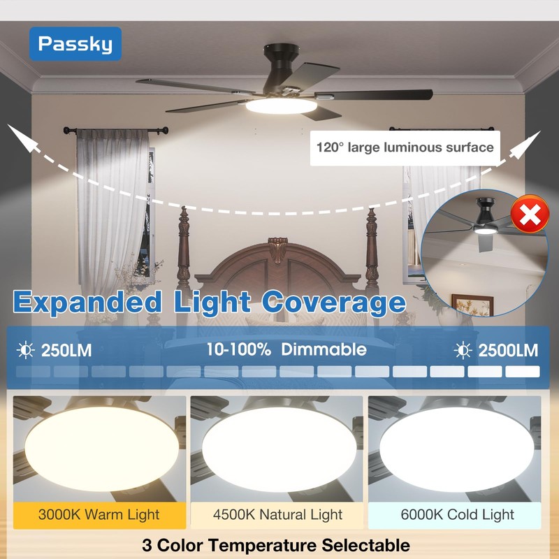 Passky Ceiling Fans with Lights, 52 inch Flush Mount Ceiling