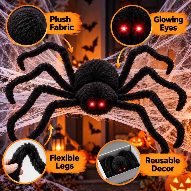 Large Plush Halloween Spider Decoration – Oversized Stuffed Spider Prop