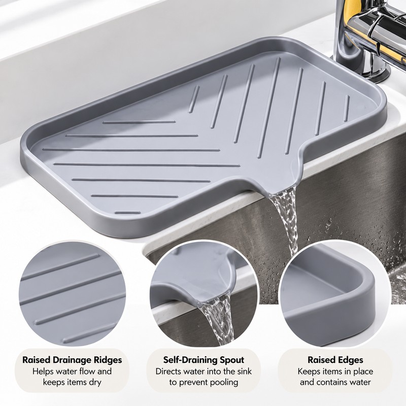 Kitchen Sink Silicone Tray for Soap and Sponge Storage –