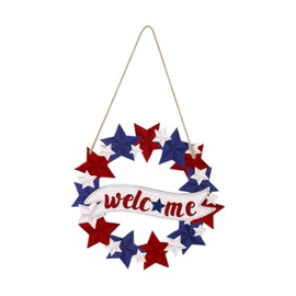 Patriotic Welcome Front Door Sign for 4th of July Decor, Wooden Welcome Door Wreath Hanging Wall Decor, Independence Day Party Supplies (Star, 11"L * 11"W)