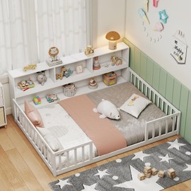 Giantex Full Size Floor Bed for Kids, Wooden Montessori Bed Frame with Bookcase, Storage Shelves & Safety Fence Rails, Floor Beds Full for Girls, Boys, No Box Spring Needed, Without Slats, White