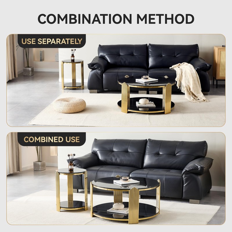 Glass Round End Table with 2-Tier Storage, Black Tempered Glass