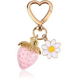 HUIMEIYIPIN Cute Strawberry Keychain,Bag Charms,Kawaii Heart Flower Daisy Key chains Accessories Decor for Girls Purse Gift, Red, Solid Pink