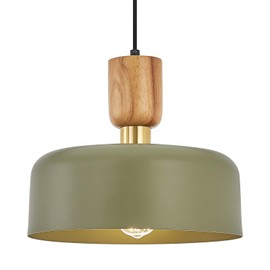 Contemporary Pendant Lighting,12 inch Pendant Lamp,Wood and Brass Accent,Adjustable Metal Hanging Light Fixture for Kitchen, Dining Room, Green