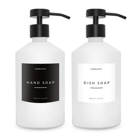 Luxury Glass Soap Dispenser Set of 2 - Elegant Aesthetic White Glass Bottles with Modern Matte Black Stainless Steel Pumps, Ideal for Kitchen, Bathroom, Hand Soap, Dish Soap, and More.