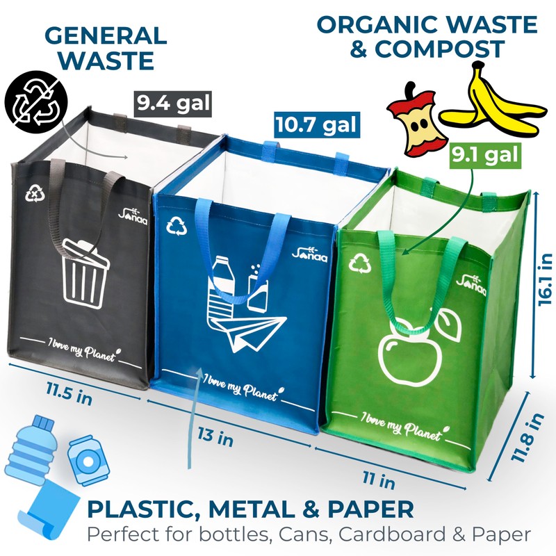 Janaa® | Premium Set of 3 Recycling Bags [Stylish Design]