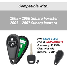 Car Key Fob Replacement Remote Key with Ignition Chip Key Fit for Subaru Impreza 2005 2006 2007 Subaru Forester 2008 Keyless Entry Remote Fob NHVWB1U711, 88036-FE041