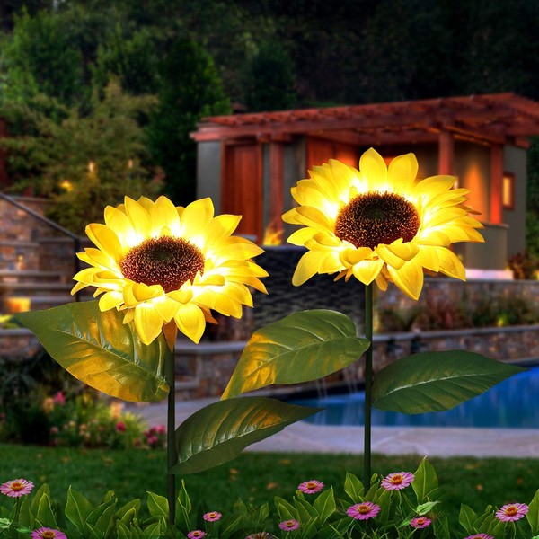 KITVONA Outdoor Sunflower Solar Garden Decor Yard Stake, 26'' Decorative Lights for Garden Patio Porch Backyard (2 Pack)