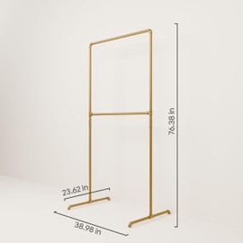 pamo Freestanding Clothes Rack – 170 lbs Load Capacity – Open Closet or Industrial Garment Rack for Bedroom or Walk-In Closet – Gold Metal Pipe Design