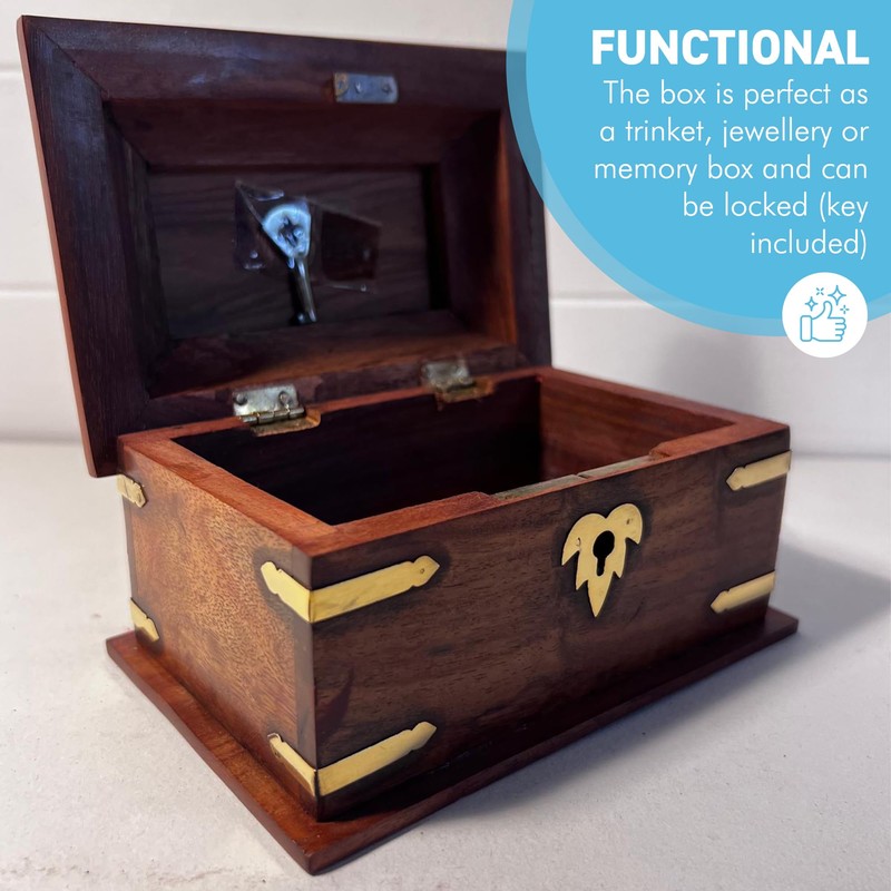 Thorness Wooden lockable Trinket Box with brass inlay, decorative detailing,